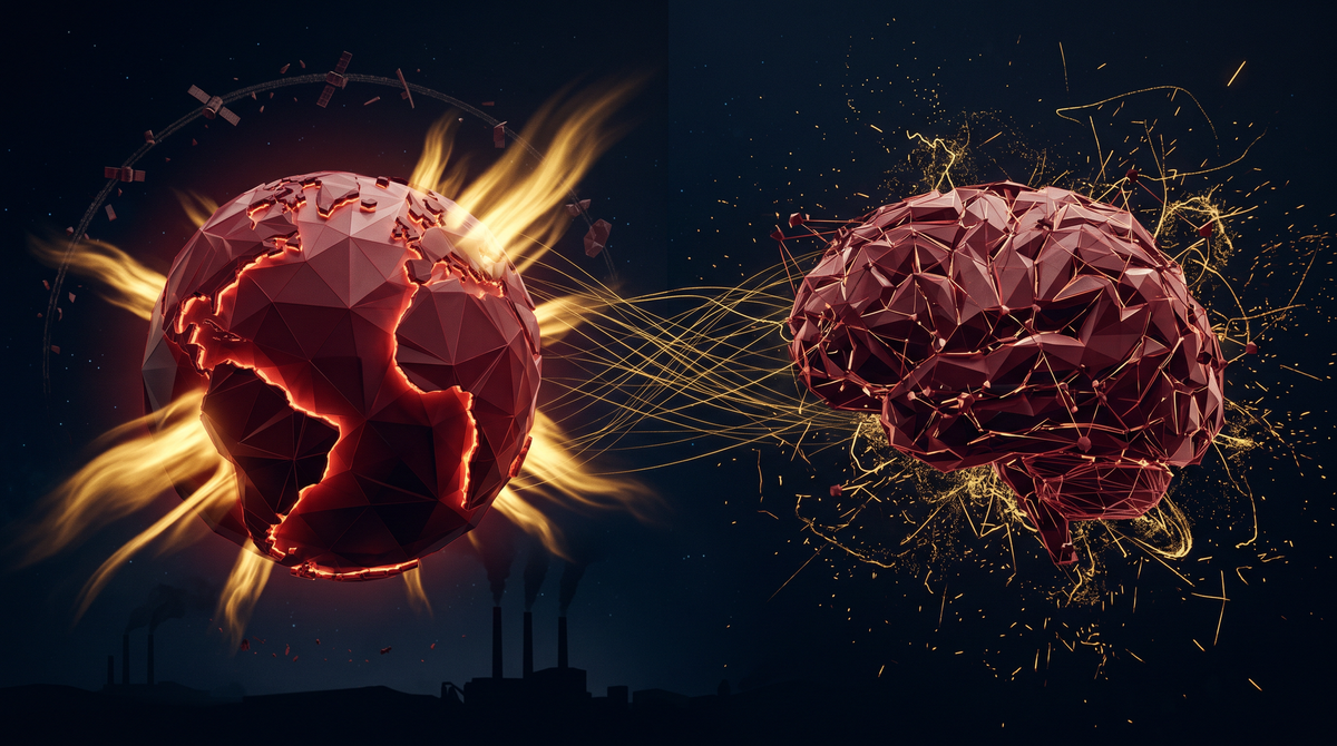 Geometric burning Earth on the left, geometric fragmenting brain on the right, golden energy lines connecting them, satellite debris ring above, smokestacks below