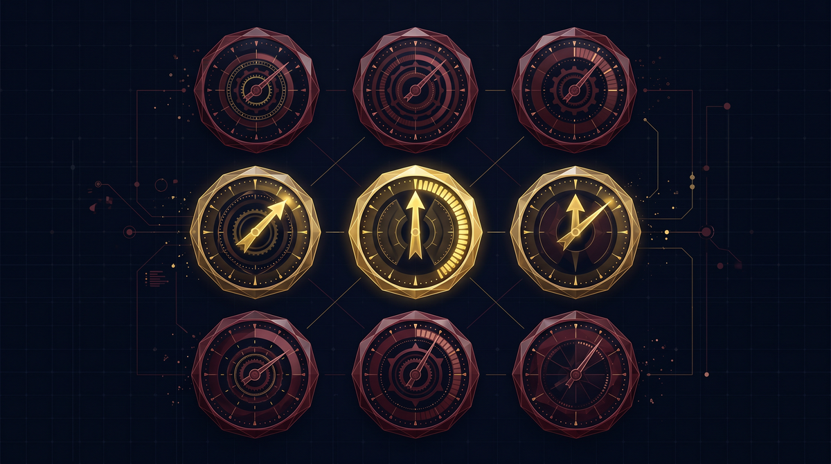 Nine domain dashboard gauges with three highlighted in gold showing upward movement against a dark navy background