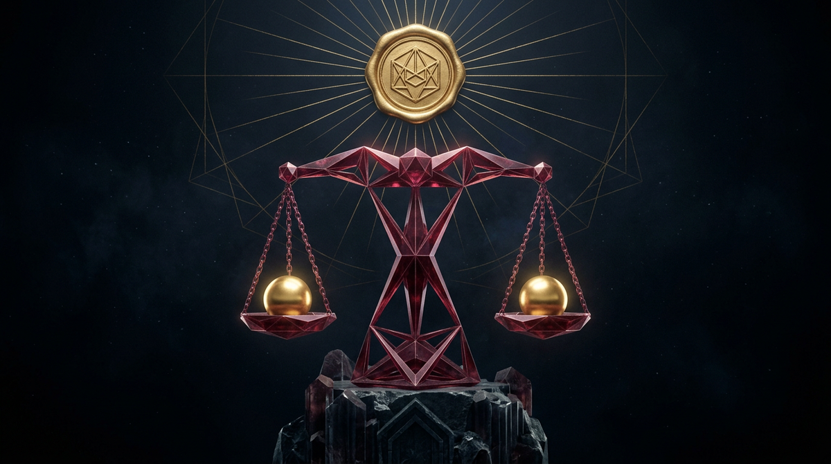 Geometric maroon scale of justice on a crystalline pedestal with a golden wax seal floating above it and balanced golden orbs in each pan