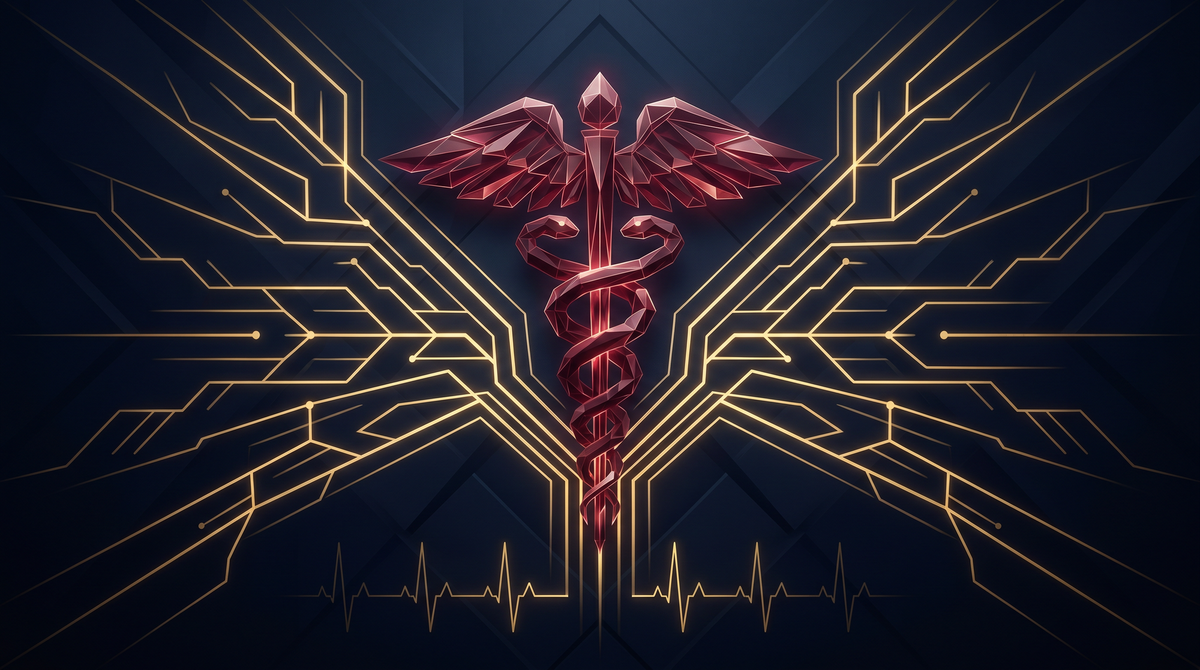 Geometric maroon caduceus with golden circuit-like pathways and a pulsing heartbeat line against a dark background