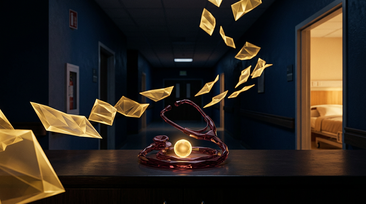 Geometric maroon stethoscope coiled around a glowing golden orb on a hospital corridor desk with golden geometric documents flying away into the background