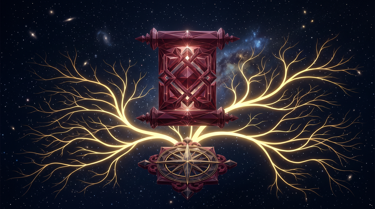 Geometric maroon ledger floating in deep space with golden branching probability pathways radiating outward like a tree of futures above a crystalline compass rose