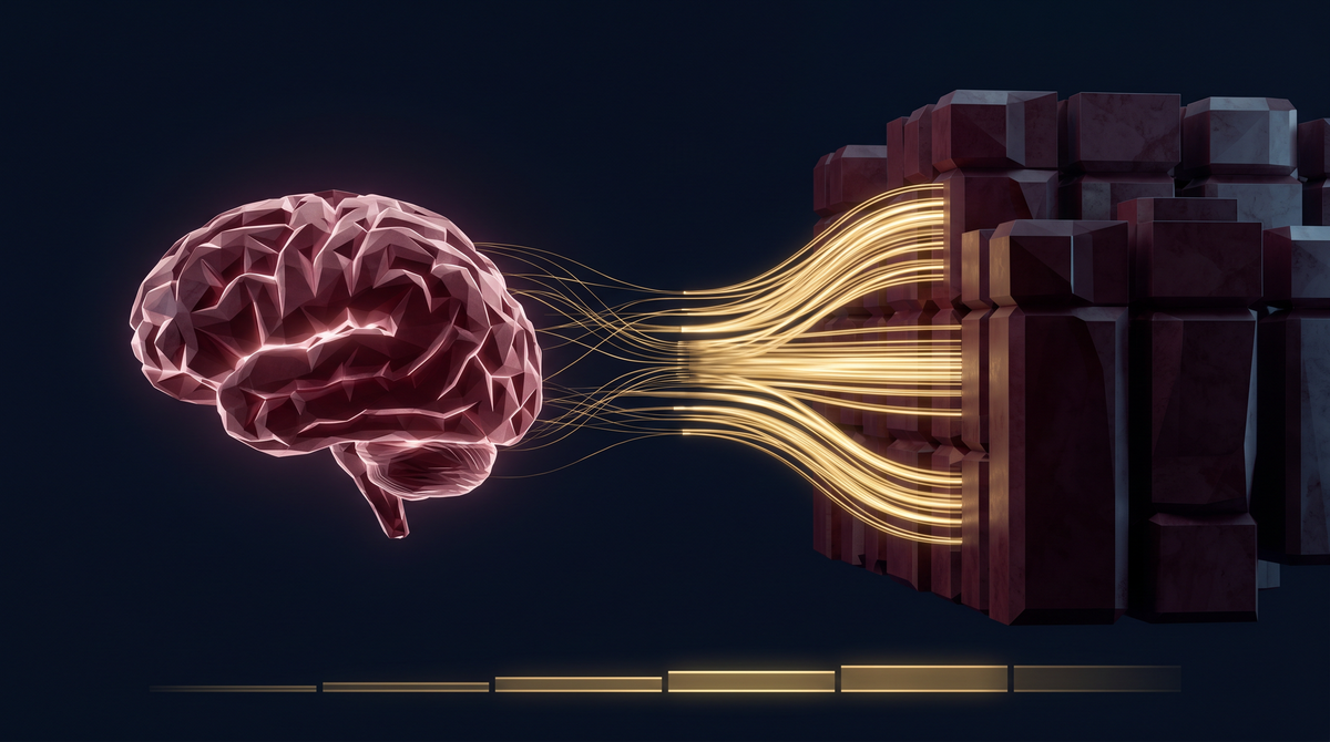 Geometric maroon brain connected by thin gold threads to massive maroon data-center blocks radiating thick gold energy