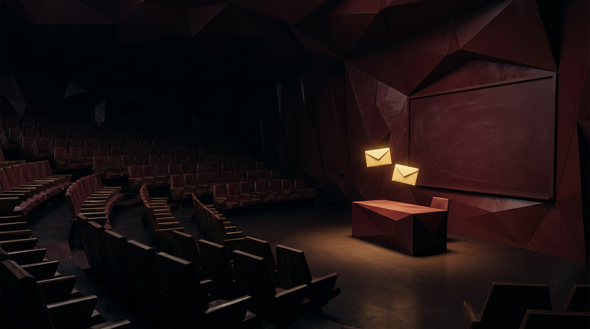 An empty geometric maroon lecture hall with two glowing golden envelopes floating beside an illuminated teachers desk