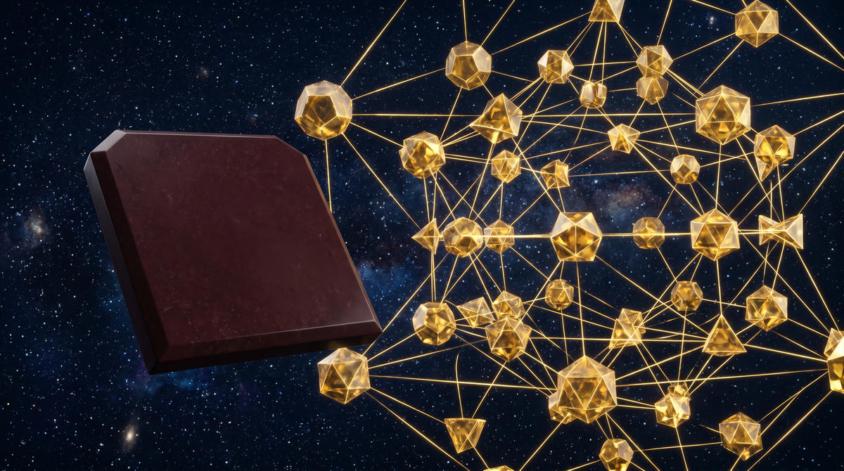 Maroon carved stone slab suspended in deep space beside a geometric network of golden polyhedra connected by rigorous light lines