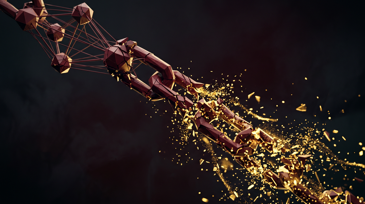 Maroon geometric chain links fracturing and dissolving into golden entropy particles against a dark background