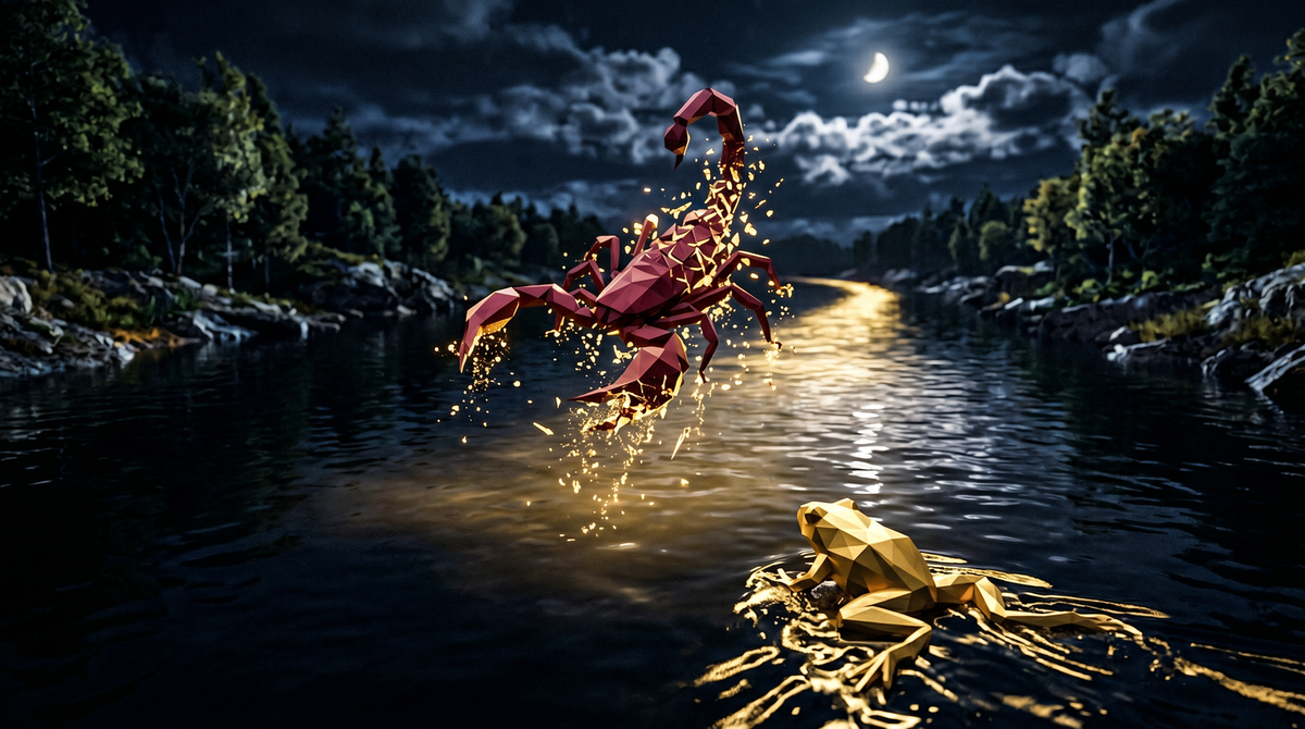 Geometric maroon scorpion dissolving into golden particles over a dark river at night while a golden geometric frog swims toward glowing water ahead