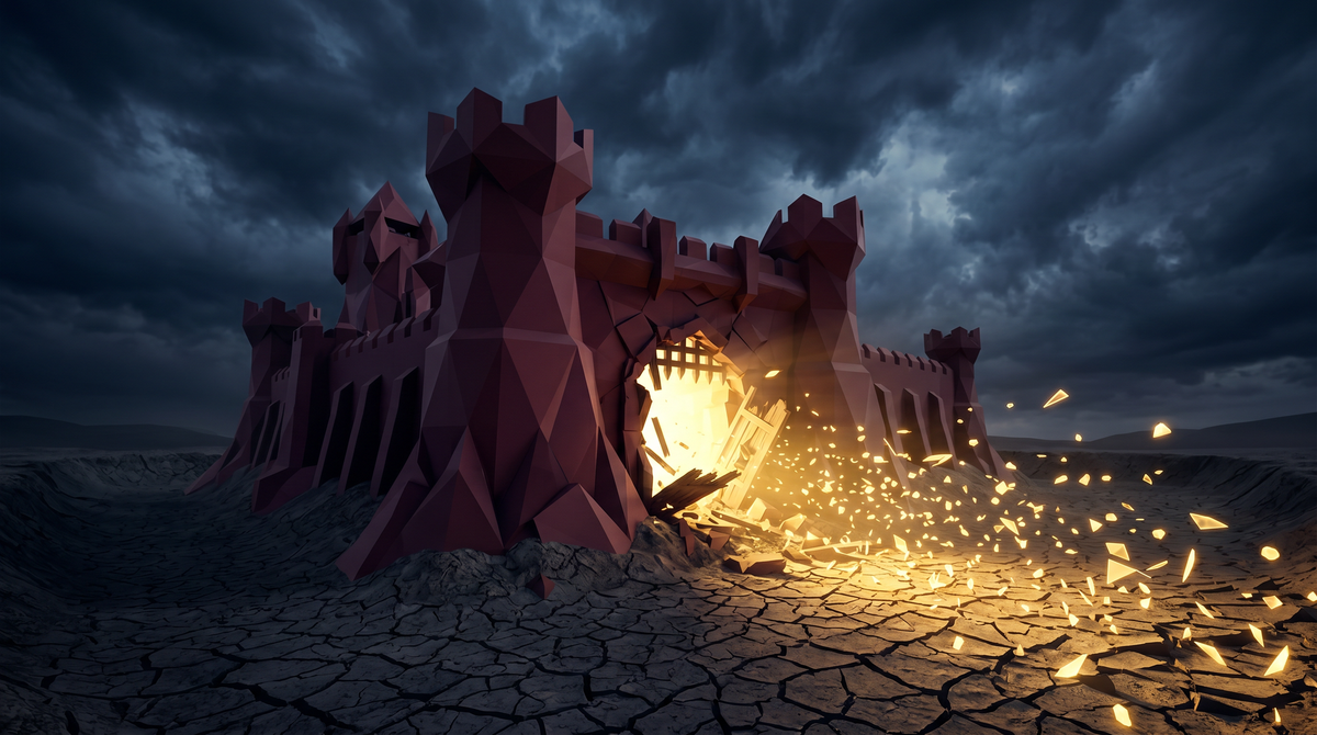 Geometric maroon castle with a collapsed gate, golden light and sparks pouring out across a dried cracked moat under a dark stormy sky