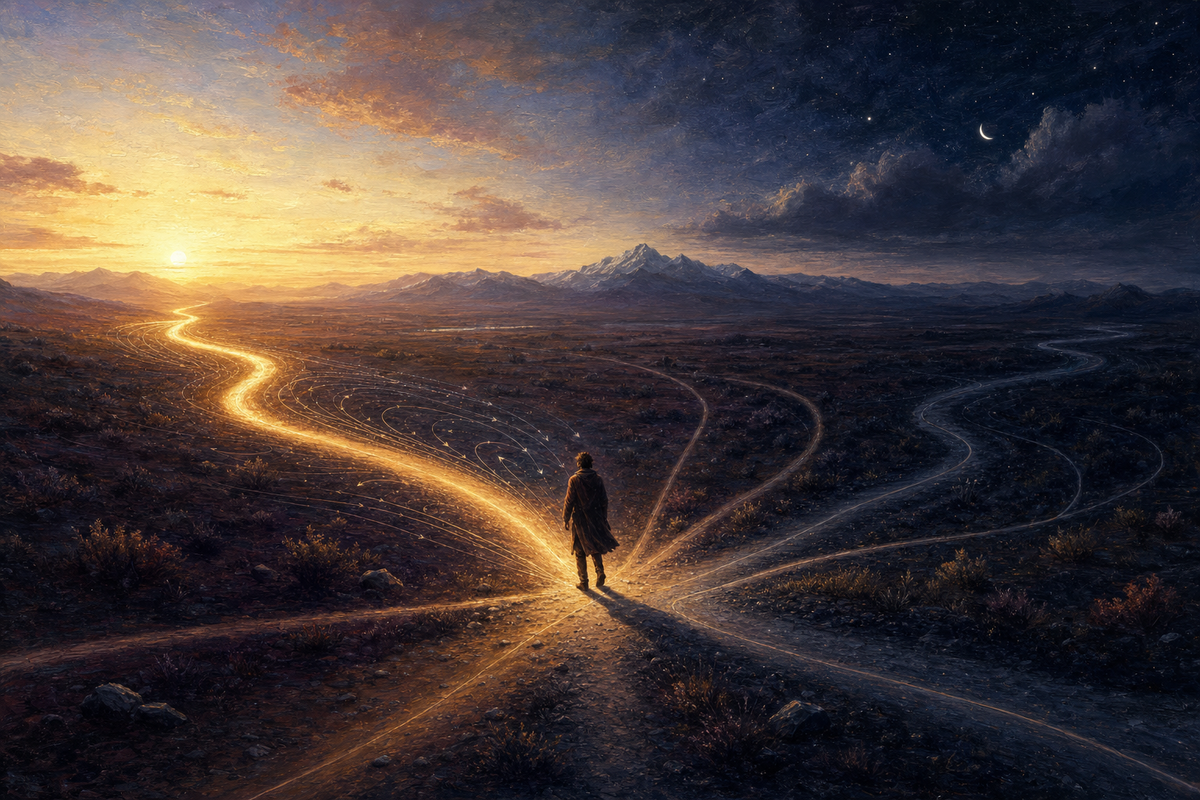 A figure in silhouette standing at a fork in a luminous landscape; one path glowing bright maroon-gold, the others dim and gray, with faint flowing contour lines suggesting basins of attract
