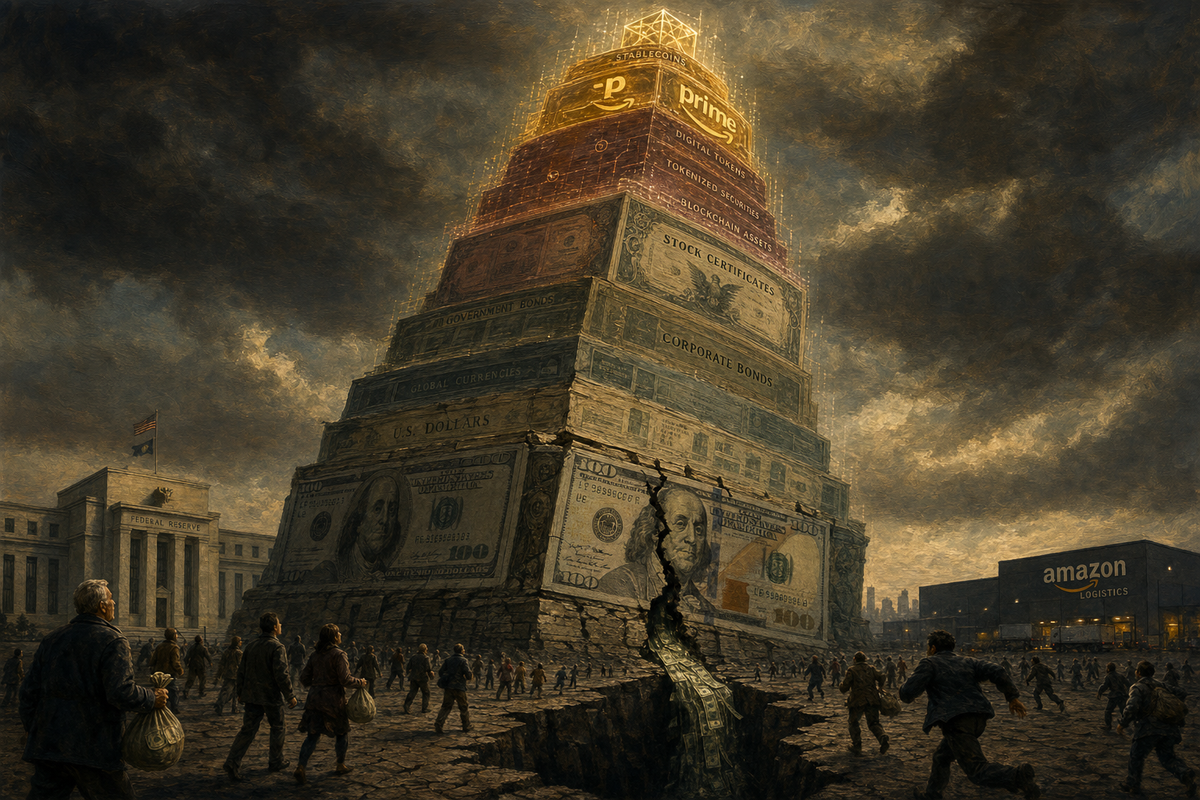 A towering ledger built of stacked currencies leaning visibly, with cracks running through every layer and money pouring from a fissure at the base.