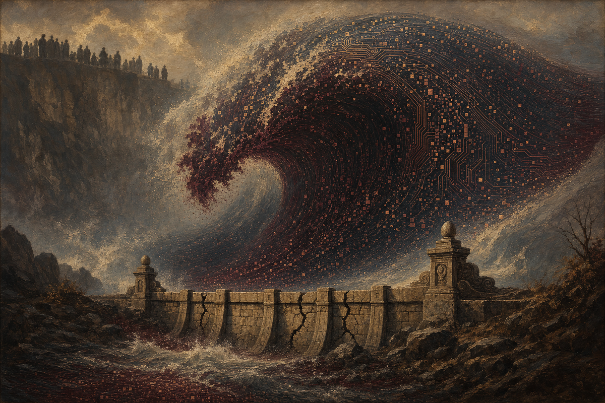 A massive wave of digital data and circuit patterns cresting over a small cracked stone dam, with anonymous figures watching from a high cliff.