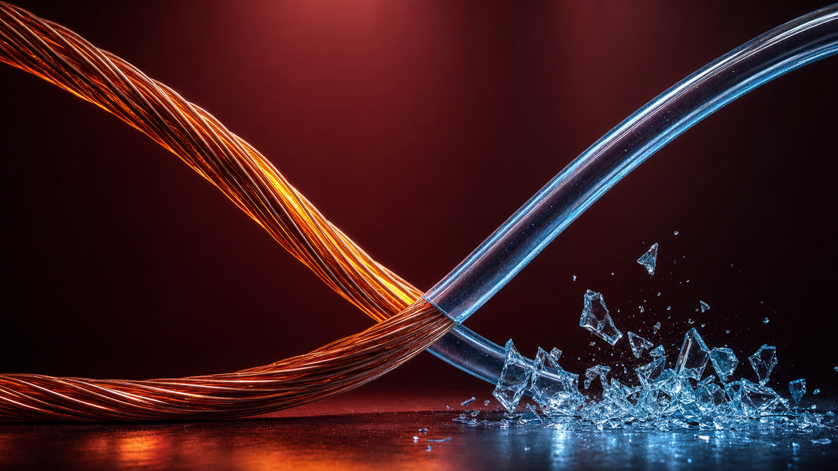 A glowing copper wire curving upward crosses a fragile blue glass tube curving downward and shattering, deep maroon background.