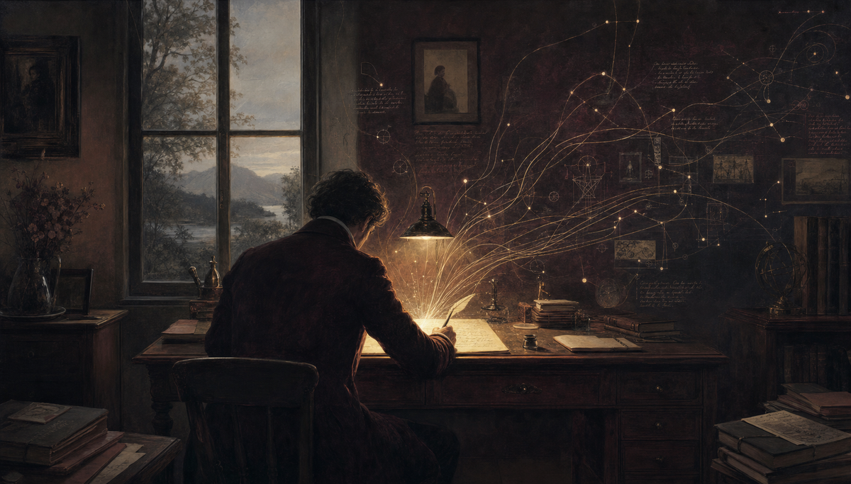 A scholar at a writing desk by a window, focused lamplight on a single page, threads of attention emerging from the page like neural pathways.