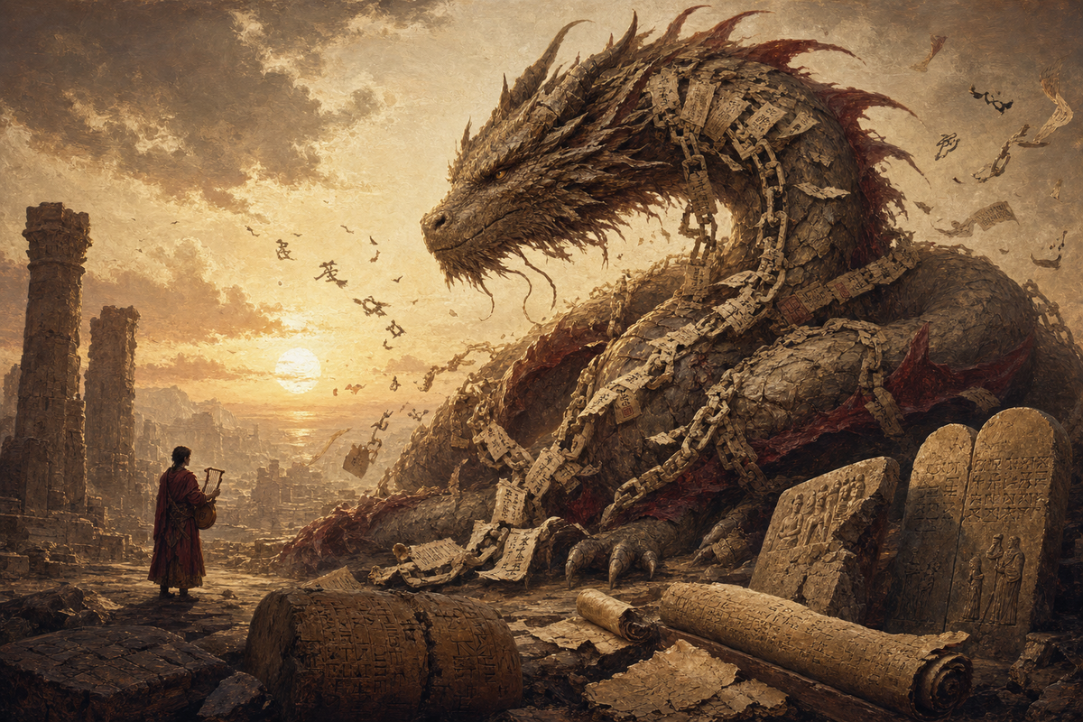 An ancient dragon bound in chains made of words and scroll fragments — language as inadequate restraint.