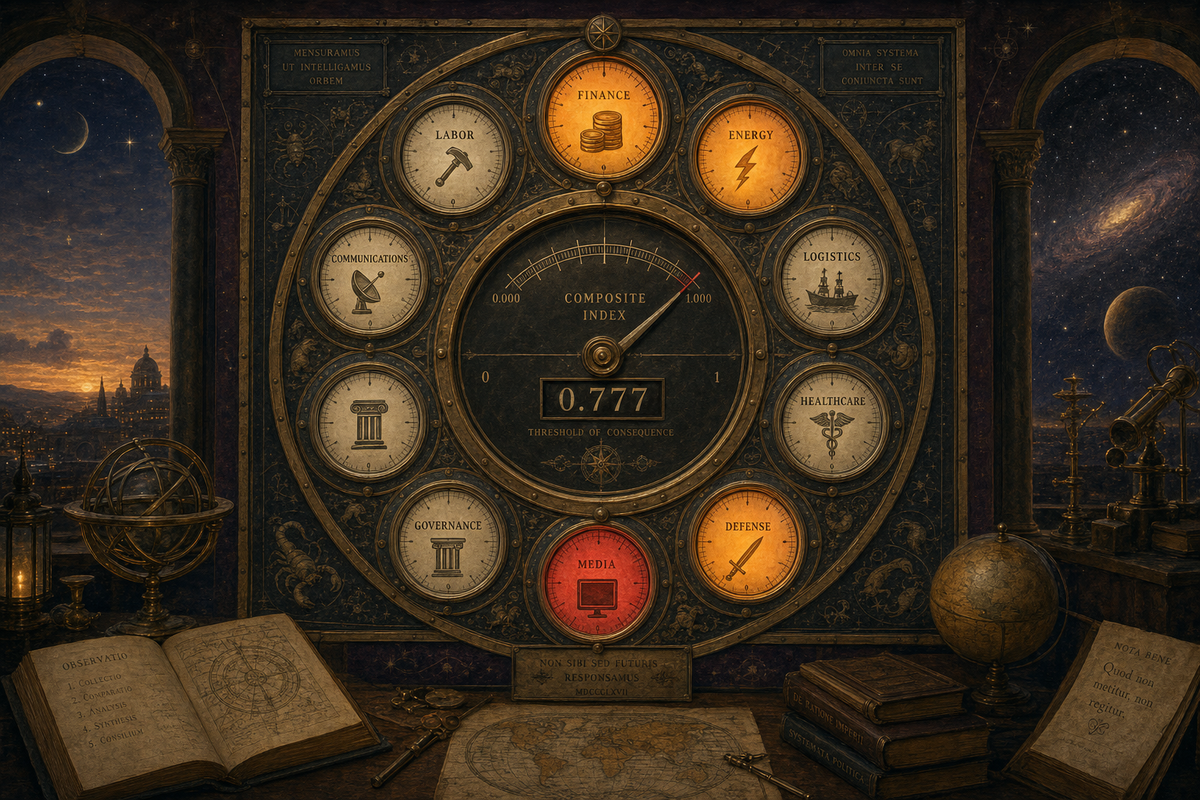 Antique instrument panel with nine domain dials around a central composite reading 0.777; Media in the red zone.