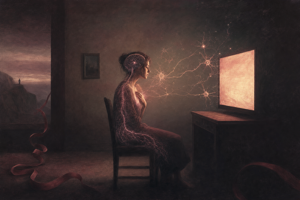 A solitary figure facing a softly glowing screen, mirror-neuron pathways illuminated, an unspooled red ribbon trailing on the floor.