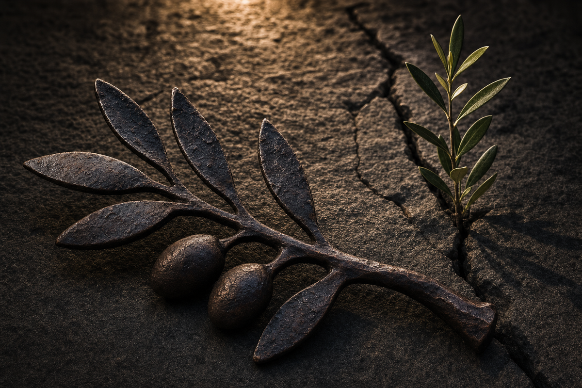 An iron-forged olive branch resting on dark stone, lit warmly from above, with a small living olive sapling growing through a crack in the same stone beside it.