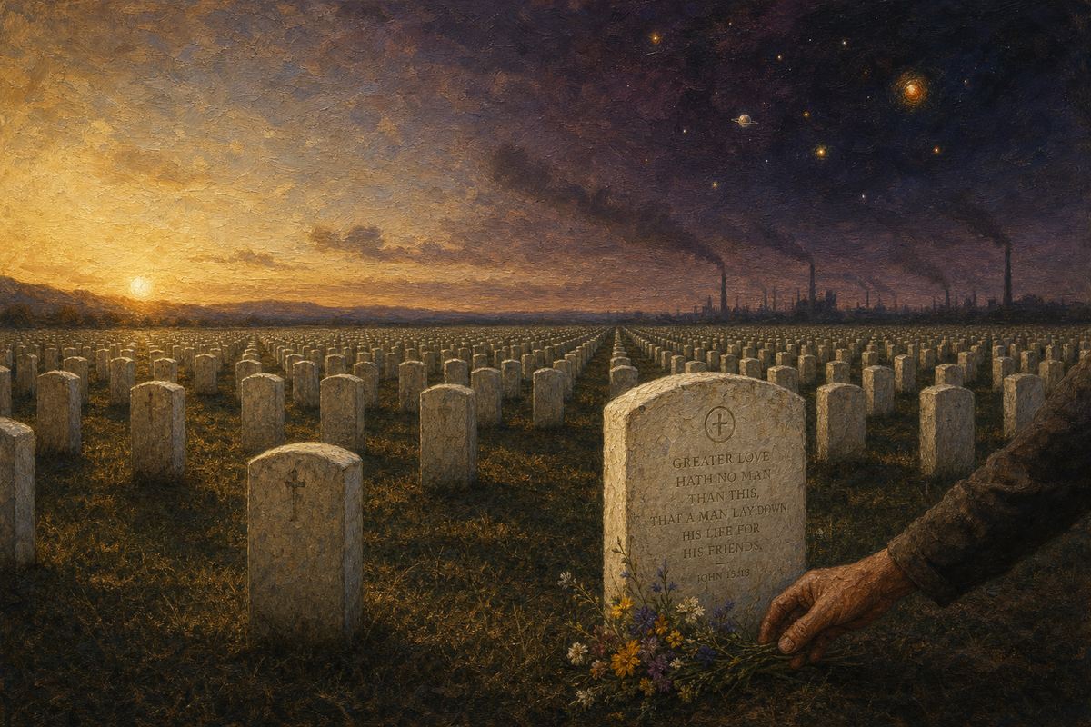 A solitary white military headstone in a field at dusk with the curve of Earth and emerging stars in a maroon sky.