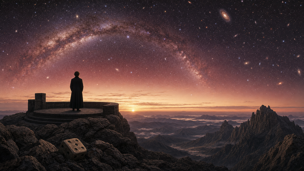 A lone observer on a stone platform looking up into a vast cosmos with the Milky Way arching overhead and a single die resting in the foreground rocks.