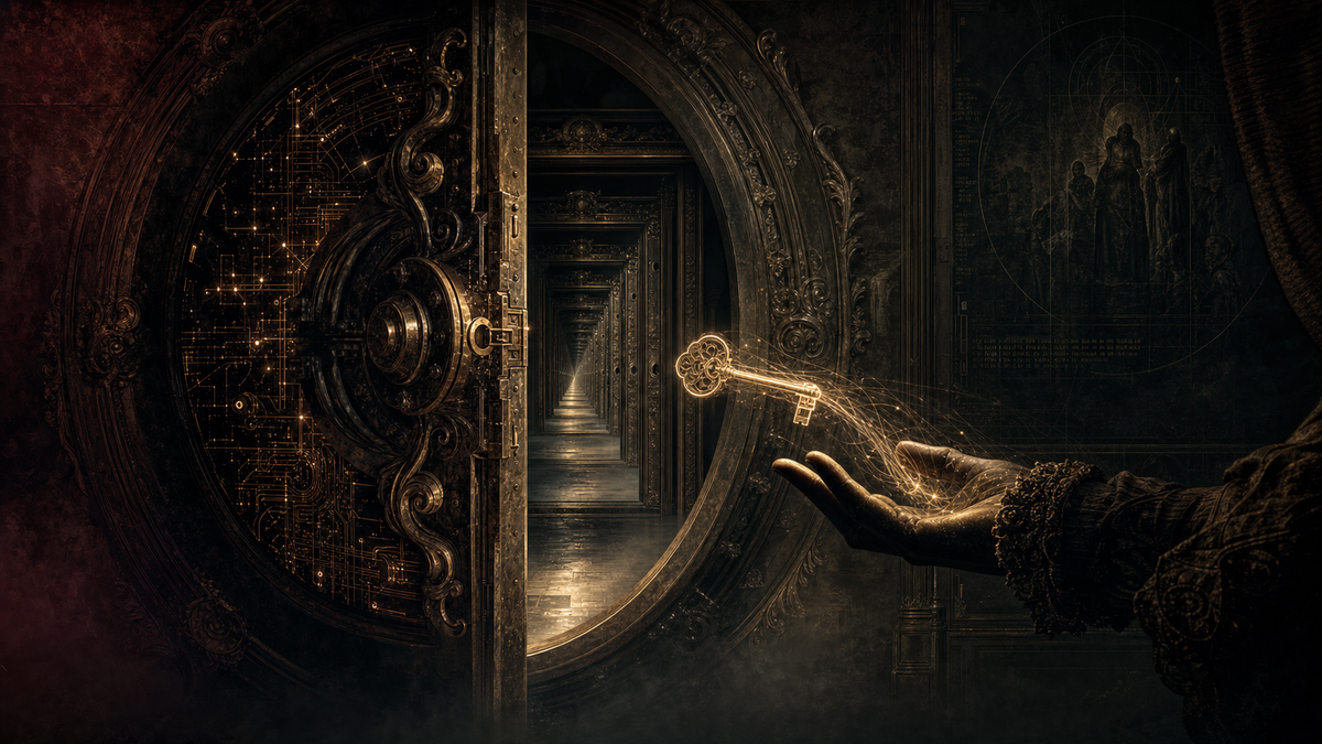 An ornate vault door with quantum-circuit lock mechanism, a key materializing from streams of light, infinite identical doors receding behind it.