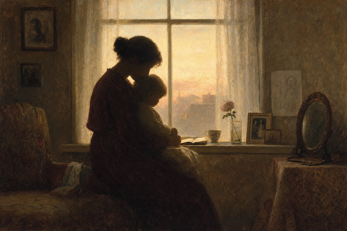 A mother holding a young child at a windowsill at dawn, soft light falling across them.
