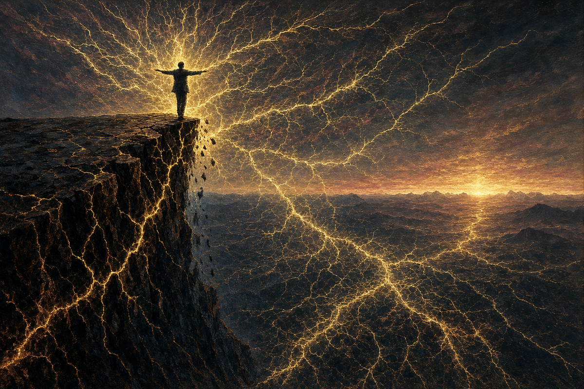 A figure standing at the edge of a high cliff with arms outstretched, dendritic golden lightning radiating outward across a sublime twilight landscape.