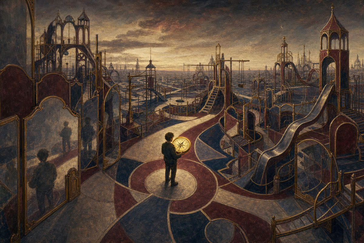 A single human figure with a glowing compass standing in a vast empty playground at twilight with endless ornate pathways stretching to the horizon.