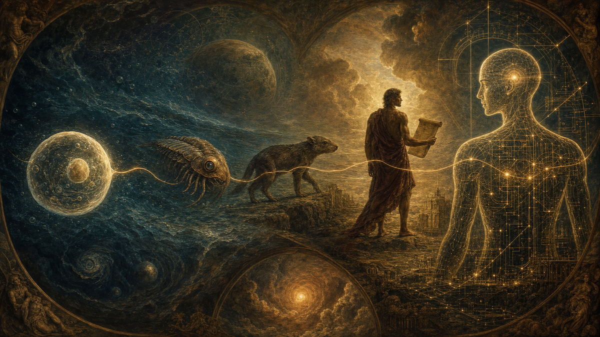 Evolutionary tableau: cell, Cambrian creature, mammal, Homo sapiens with scroll, and a luminous synthetic mind on the right — a golden filament connecting all of them.