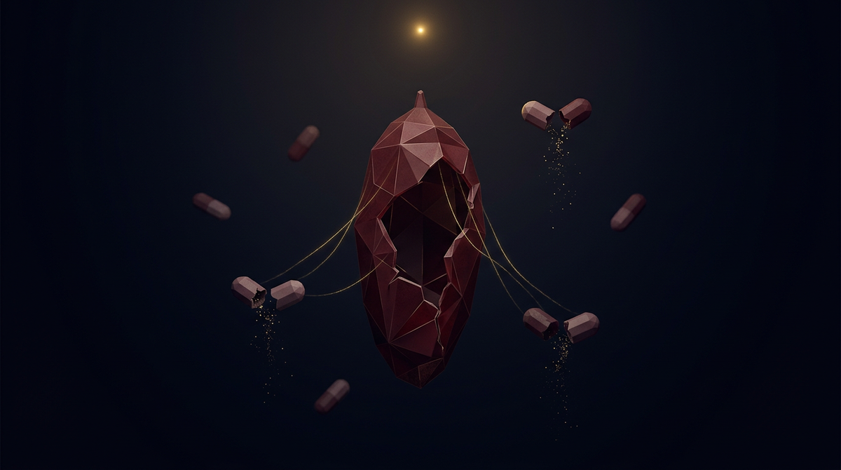 Sinemortuus — fractured maroon cocoon with broken pill capsules