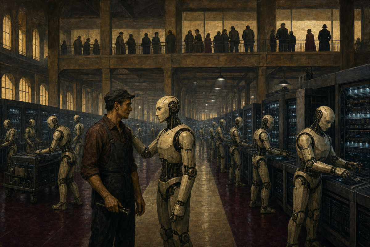 A long row of humanoid robotic figures standing in formation under cold industrial light, with a single small human figure silhouetted in front, dwarfed by the scale; deep maroon and steel t