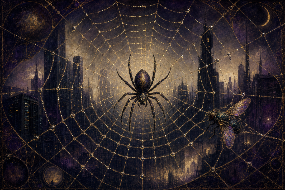 A vast, intricate spider web in cold blue light spanning the frame, with a single fly silhouetted at the center; predator perspective above, prey perspective below.