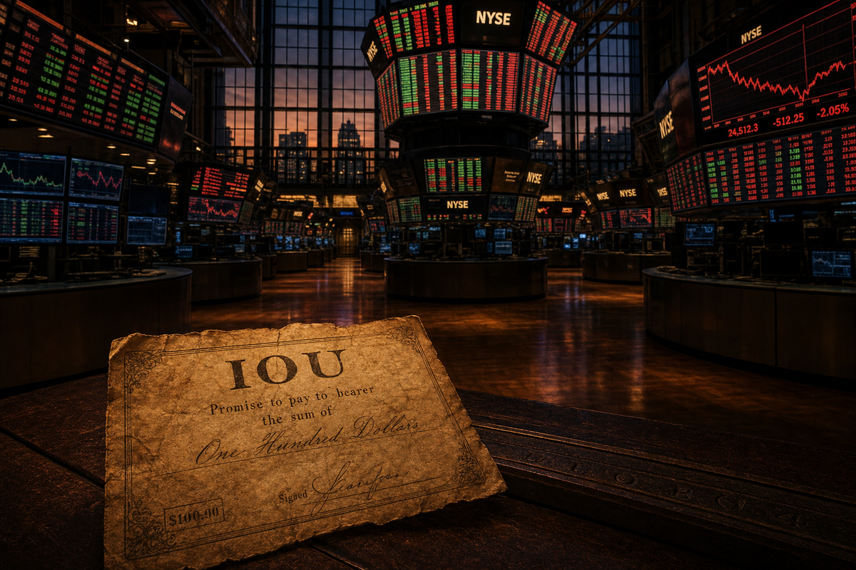 An empty NYSE trading floor at twilight, monitors glowing red and green, with a weathered antique paper IOU resting in the foreground.