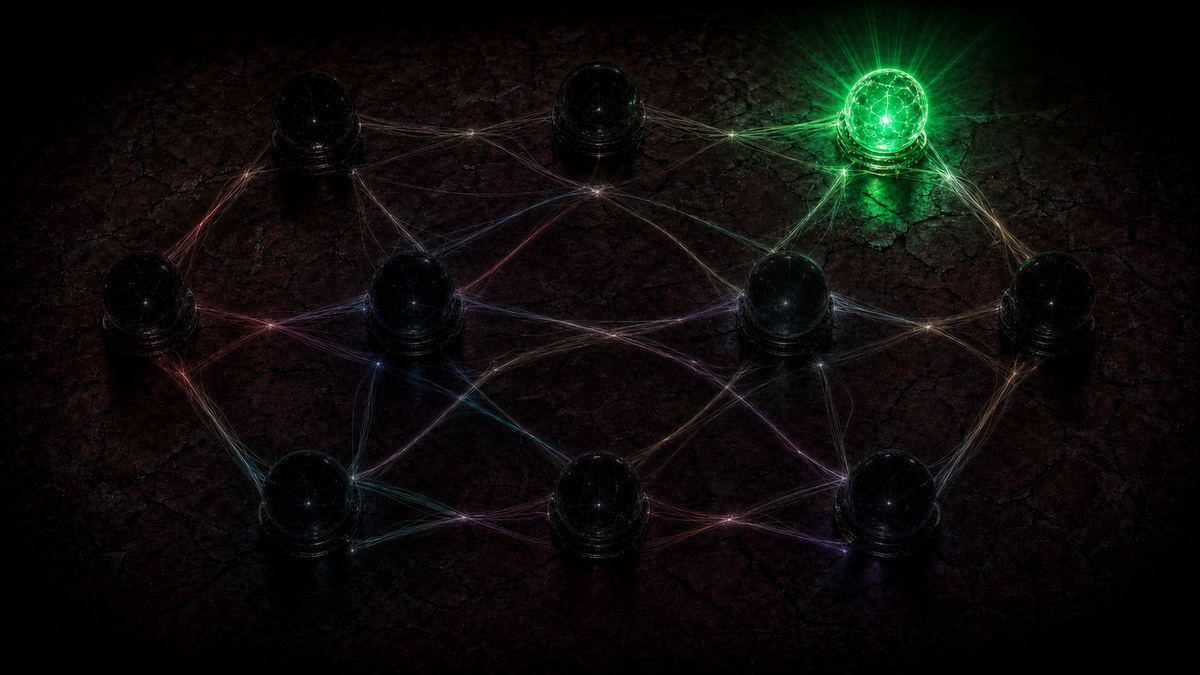 A brass scale of justice on dark stone, one side weighed down with silicon wafers, the other side holding only a single penny, lit warmly from above.
