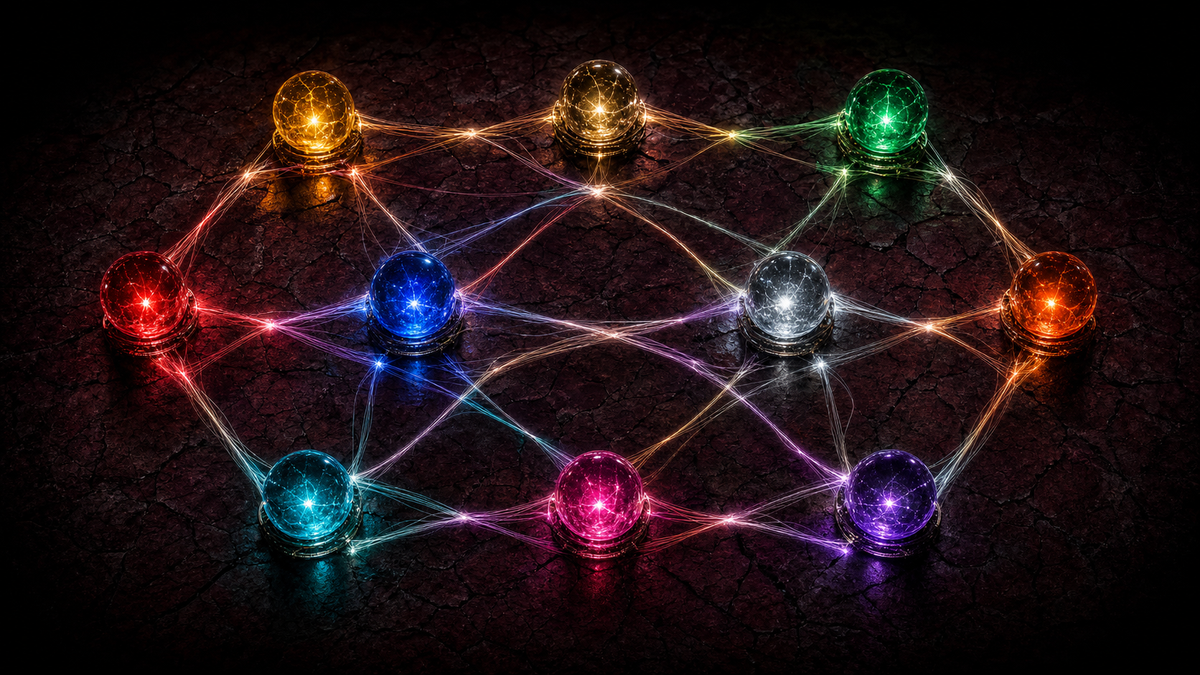 Ten illuminated glass nodes arranged across a dark cracked stone surface, connected by a dense network of glowing amber and maroon threads.