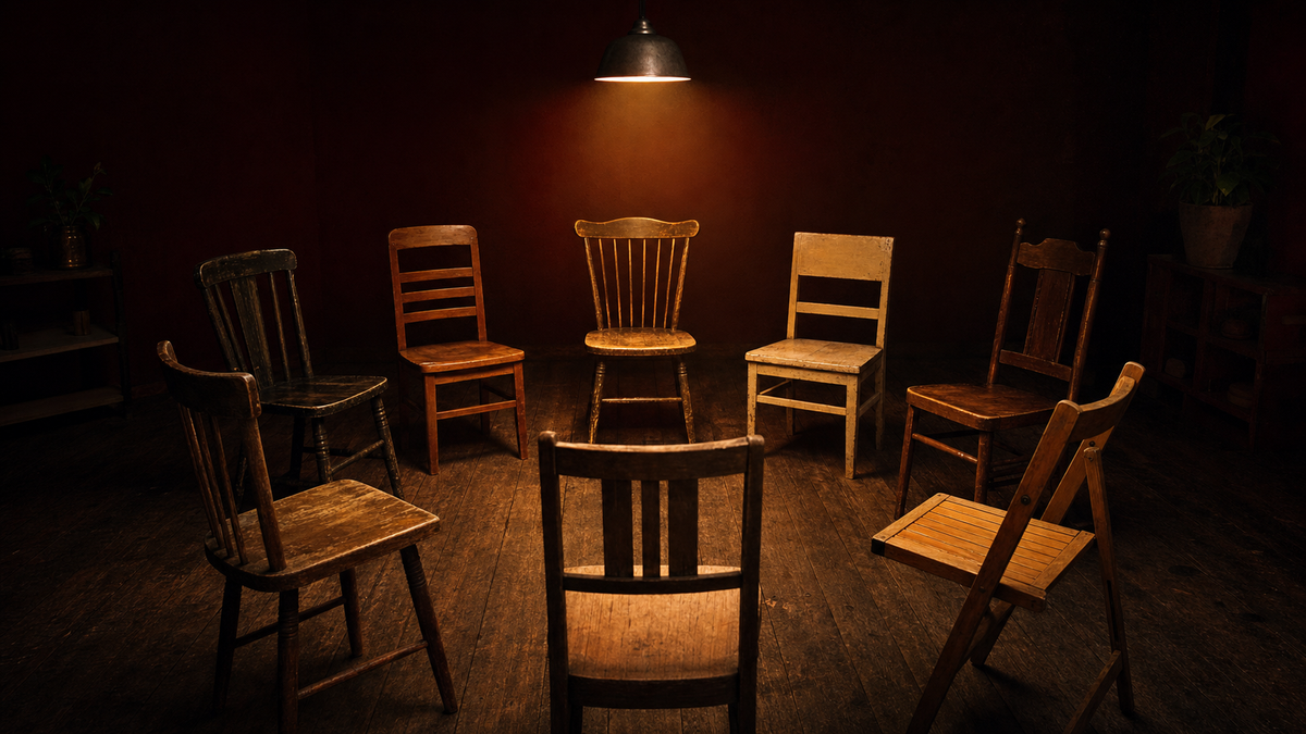 A circle of mismatched worn wooden chairs in a quiet meeting room, lit by a single warm hanging lamp on a dark wooden floor with deep maroon walls.