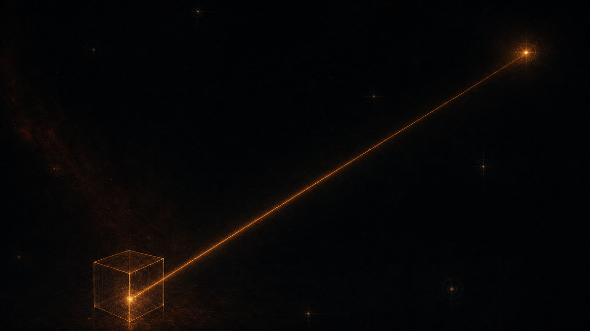 A wireframe containment box in a dark void, one thread of amber light passing through its wall and crossing the emptiness to land on a single distant glowing node, past dozens of unlit ones.
