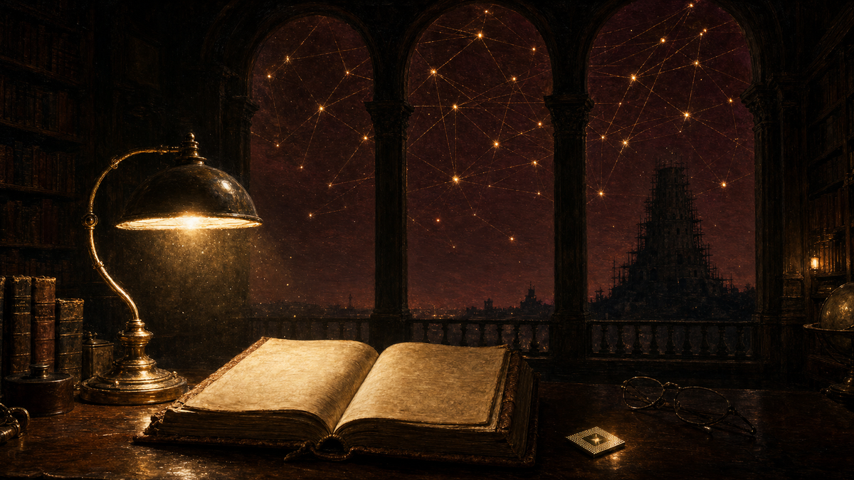 A lit archway in a vast dark tower, figures ascending toward the light.