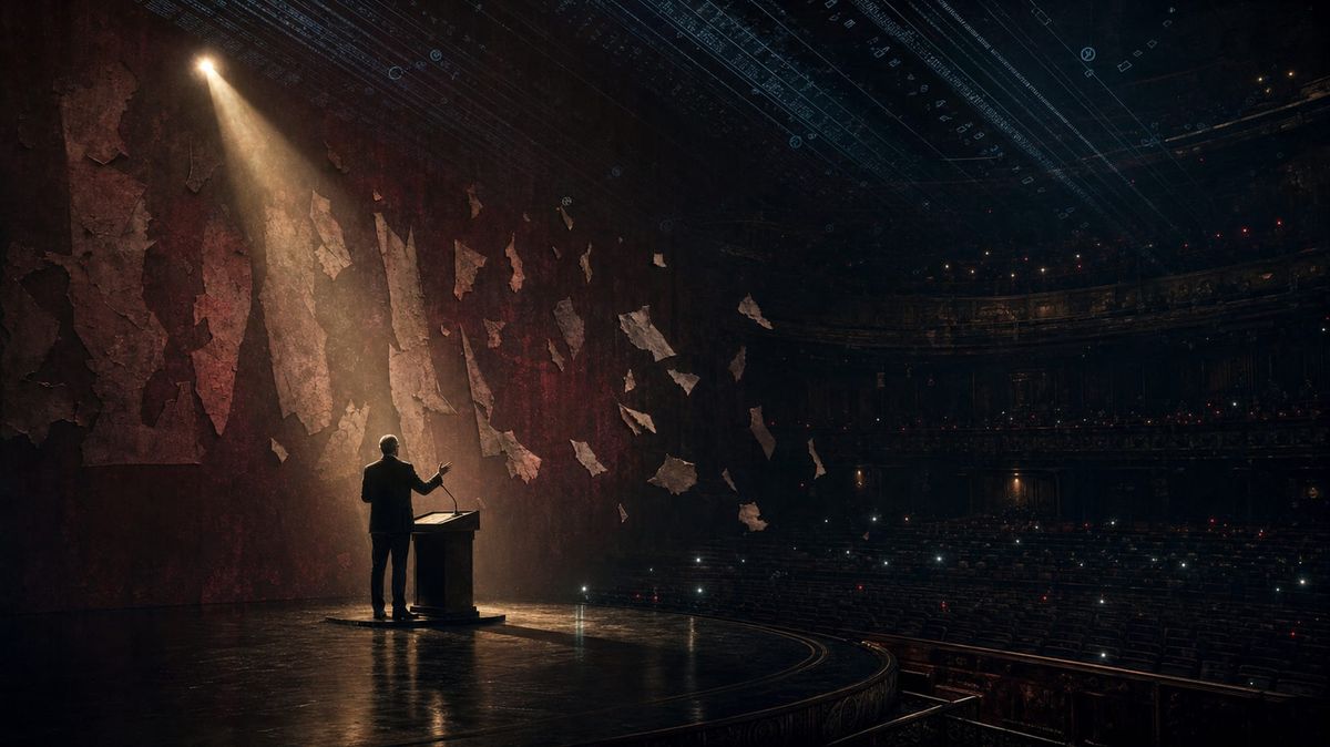 A lone figure at a spotlit podium, the wall behind peeling into torn fragments, an almost empty theater of small red pilot lights, cool data-flow overhead.