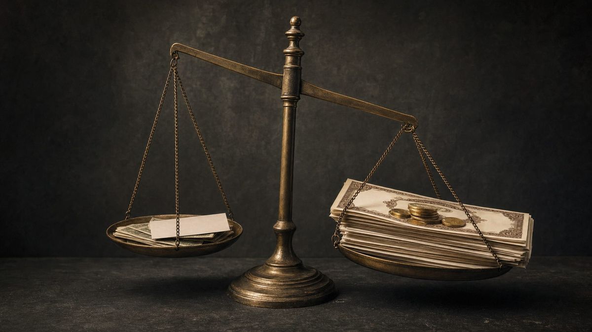 A vintage brass balance scale on charcoal, the pan of currency and gold coins on the right sitting heavy while the pan on the left rides light and high.