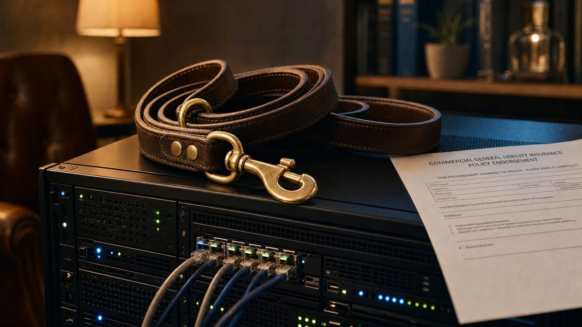 Coiled brown leather dog leash with brass clasp resting on a black server rack next to a Commercial General Liability Insurance Policy Endorsement form.