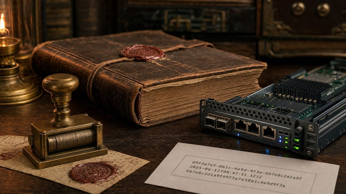 Brass antique tax revenue stamp and wax-sealed leather ledger beside a modern black data-center network card and a printed page showing an agent identifier.