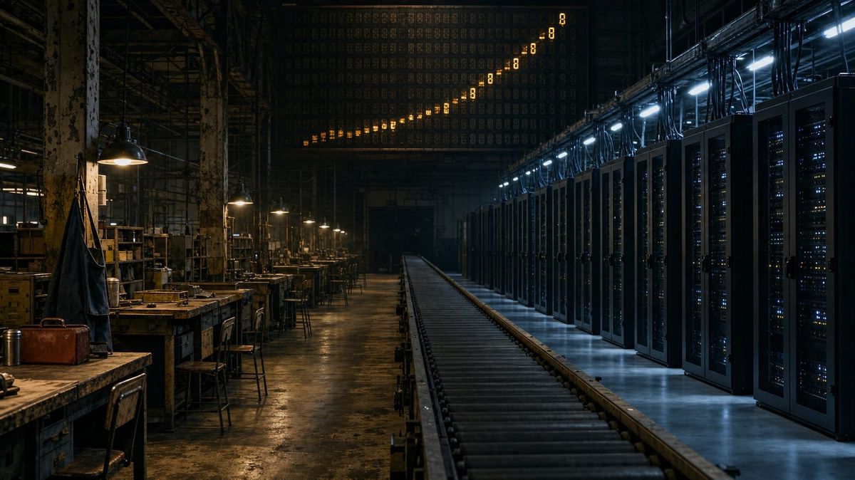 An empty factory floor: warm-lit worker benches and an apron on the left, cold server racks on the right, a stalled conveyor down the middle, a productivity board climbing.