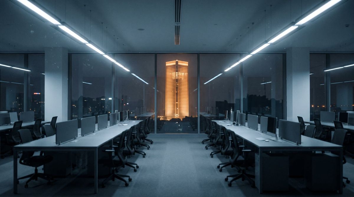 A vast dark open-plan office with empty desks and dark monitors, a single gold-lit glass tower glowing through the windows beyond.