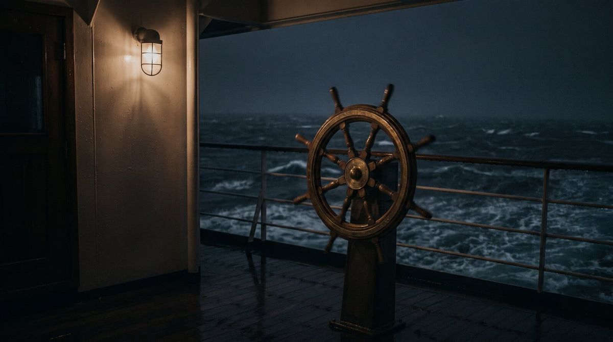 An unattended ship’s helm spinning on a dark deck at night above black heaving ocean, lit by one weak deck lamp.