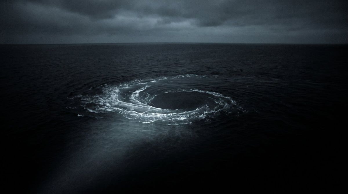 A single wide whirlpool turning on the black surface of deep water at night, its spiral edge caught by one low cold light.