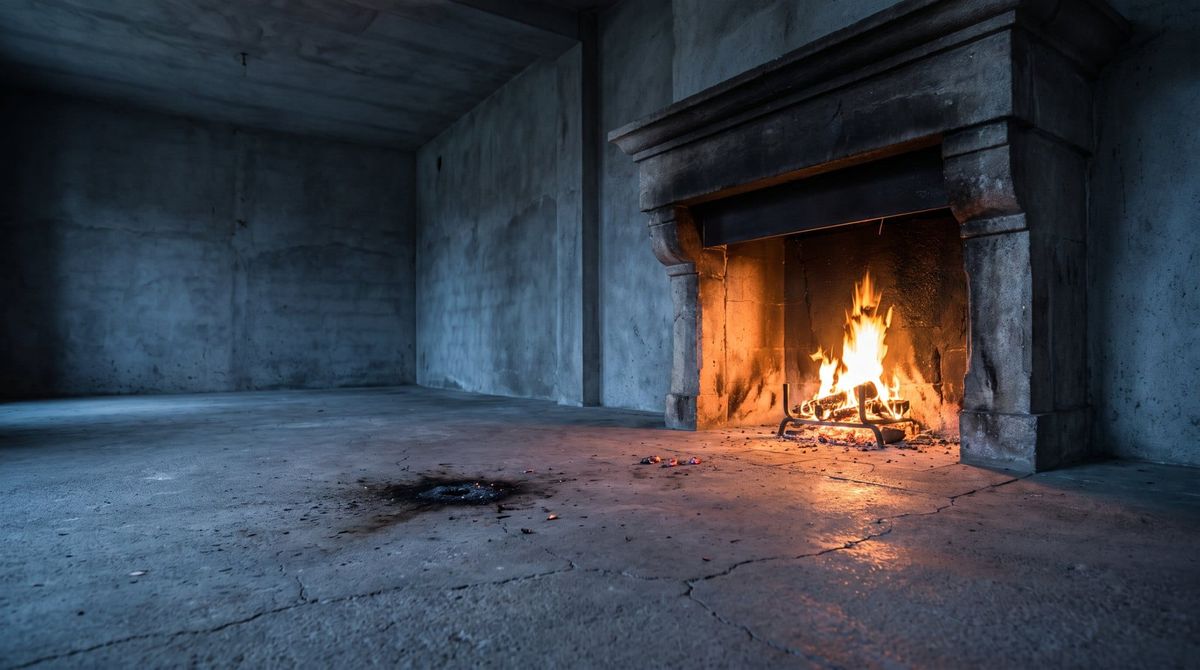 A heavy stone fireplace with a contained fire in a bare, cold concrete room; a few escaped embers and a scorch mark lie on the floor in front of it.