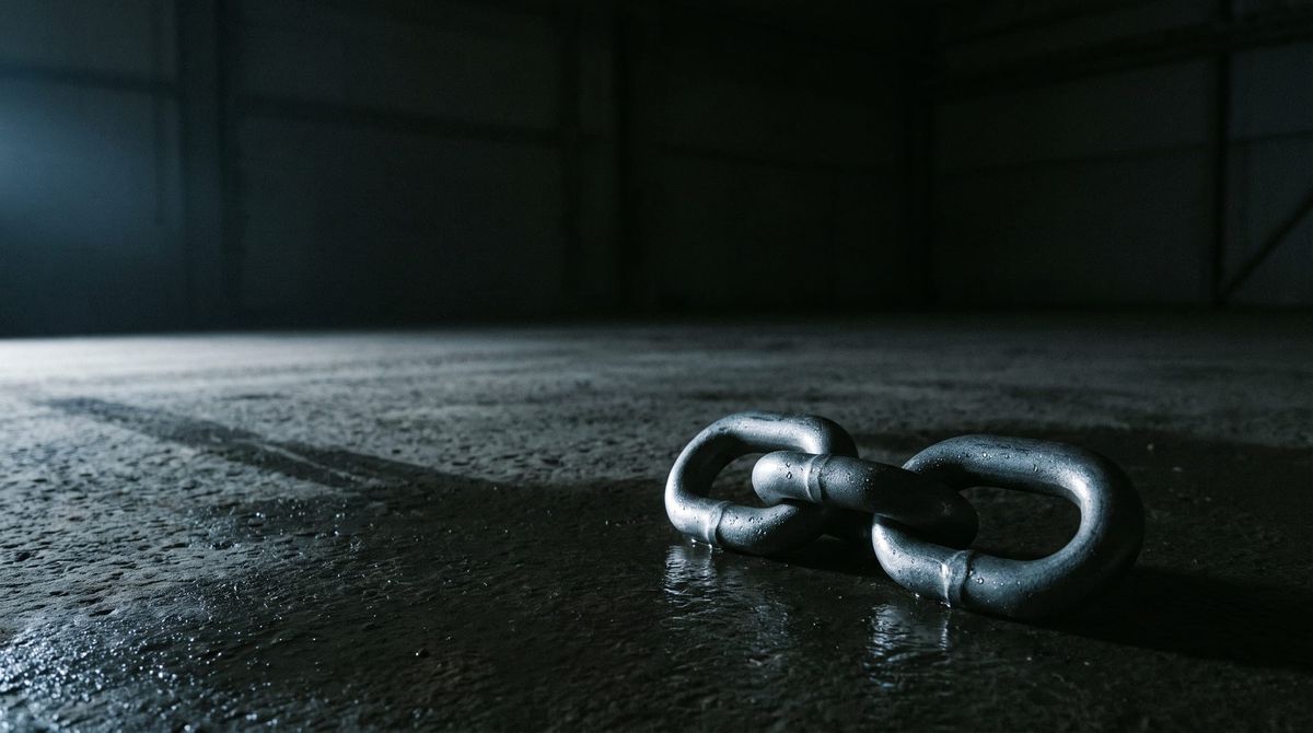 Two heavy interlocked steel chain links resting on a wet dark concrete floor in an empty hall, lit by a single cold light from the left.