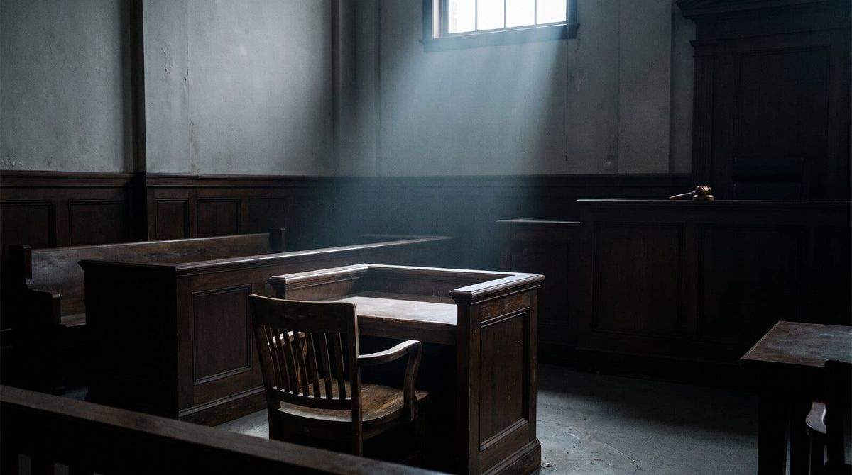 A dark empty courtroom, a gavel on the judge’s bench, one shaft of cold light falling on the vacant dock.