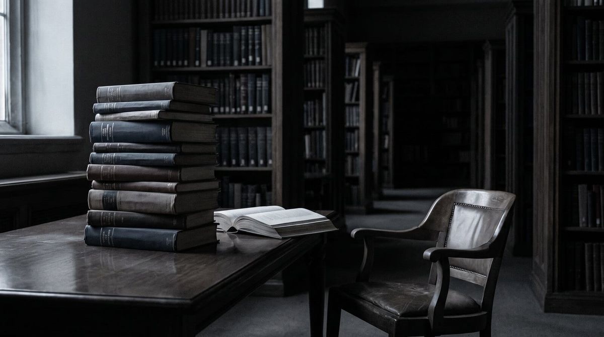 A tall stack of bound academic journals on a dark library table beside an open volume and an empty chair, dim shelving behind.