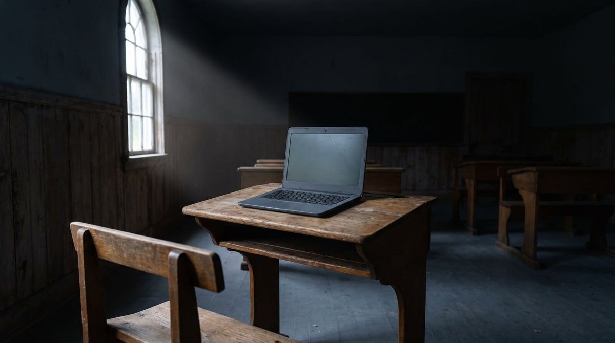 An empty school desk with a closed laptop in a dark classroom, one shaft of daylight across it from a tall window.